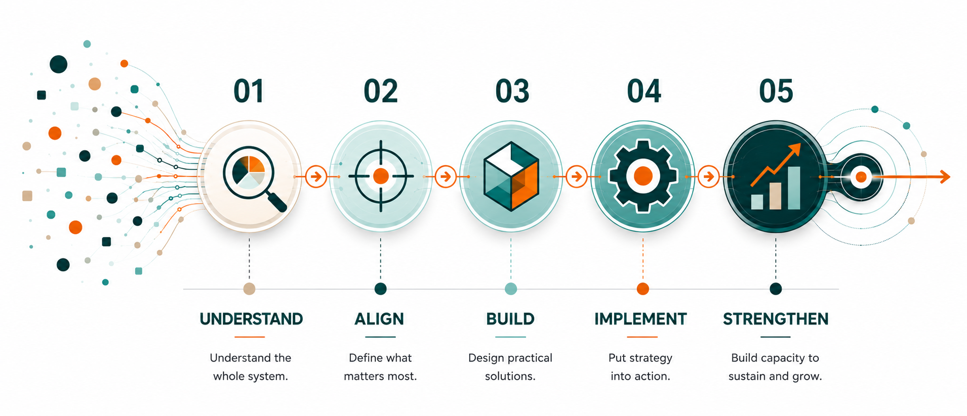 Toolbox five-step approach: Understand the whole system, Align what matters most, Build practical solutions, Implement strategy into action, and Strengthen capacity to sustain and grow.